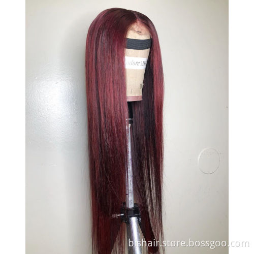 Brazilian 99J Bone Straight Human Hair Wine Red Transparent Lace Closed 13X4X1Straight Lace Former Human Hair Wig Remy Wholesale